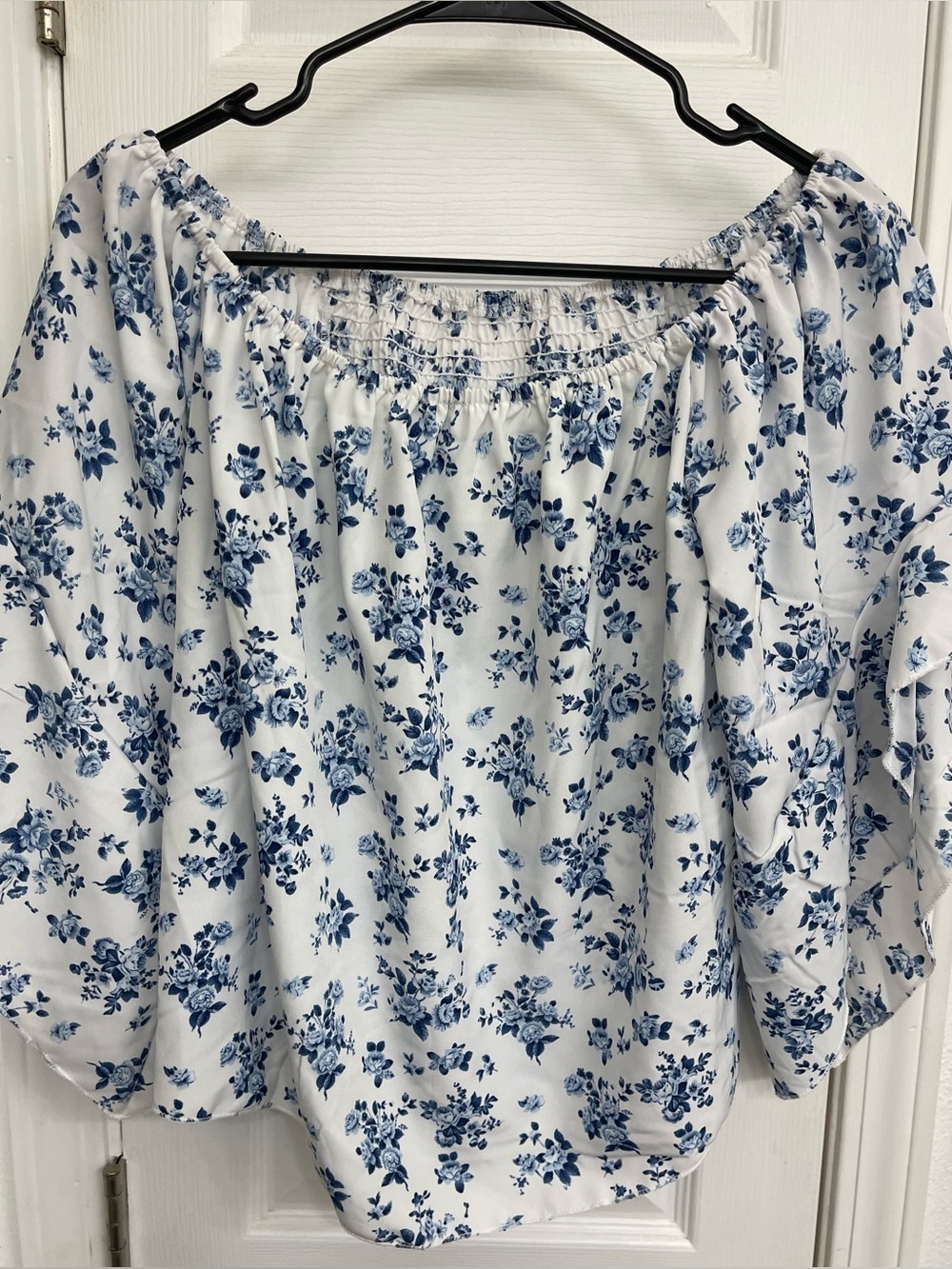 SHEIN White Off-Shoulder Tunic with Blue Floral Print
